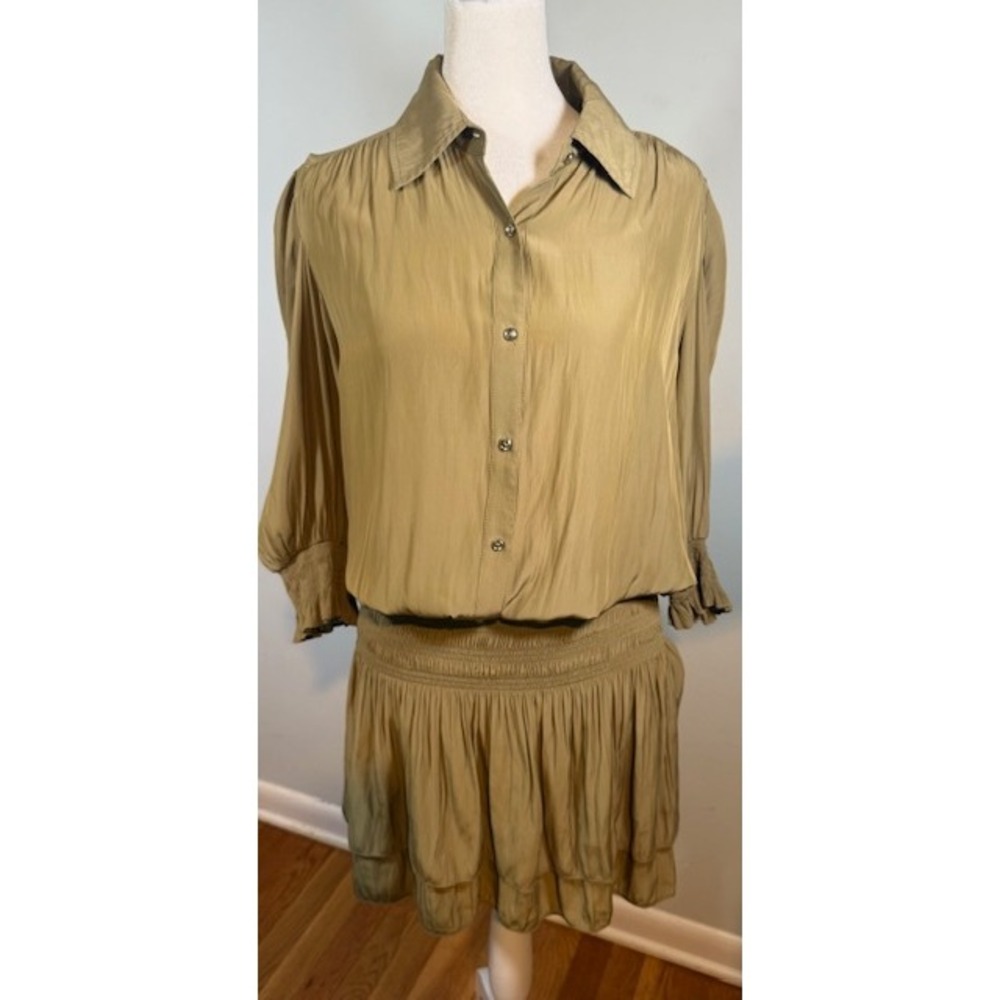 Ramy Brook Mini Dress Large Smocked Waist Tiered Ruffle Olive Green